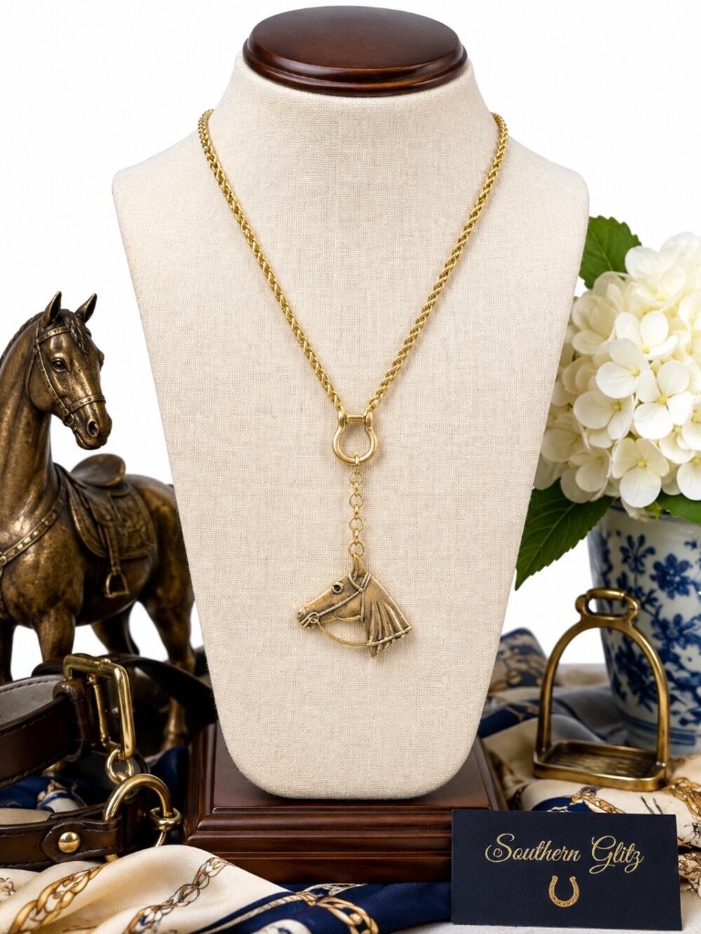 Gold Horse Head Necklace, Equestrian Pendant Necklace, Horse Lover Jewelry